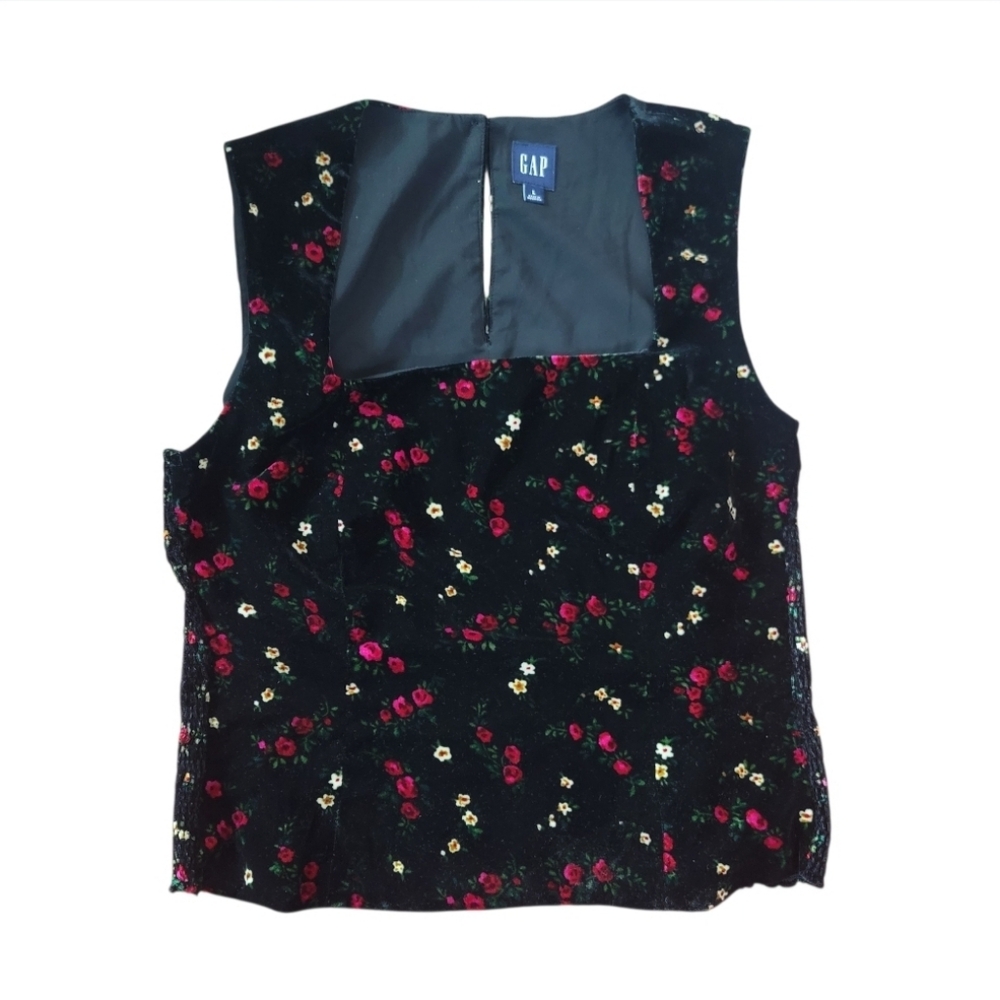 EUC Gap Black Floral Velvet Square-Neck Cropped Top - Picture 4 of 8